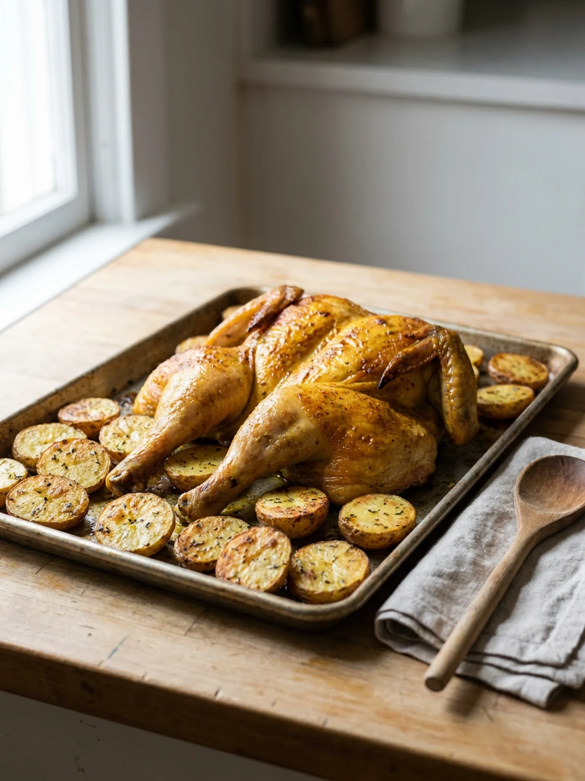 A carved roasted chicken on a platter next to a bowl of golden-brown potatoes.