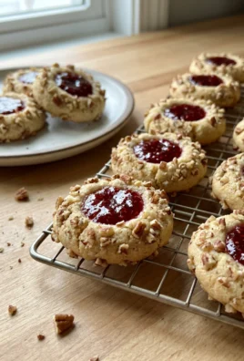 A close-up of a finished thumbprint cookie with a jam center on a white plate.