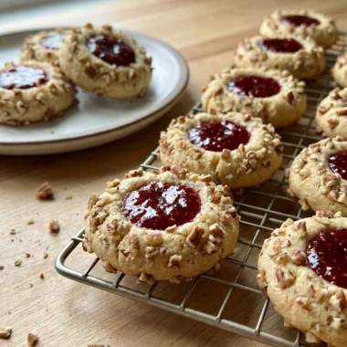 A close-up of a finished thumbprint cookie with a jam center on a white plate.