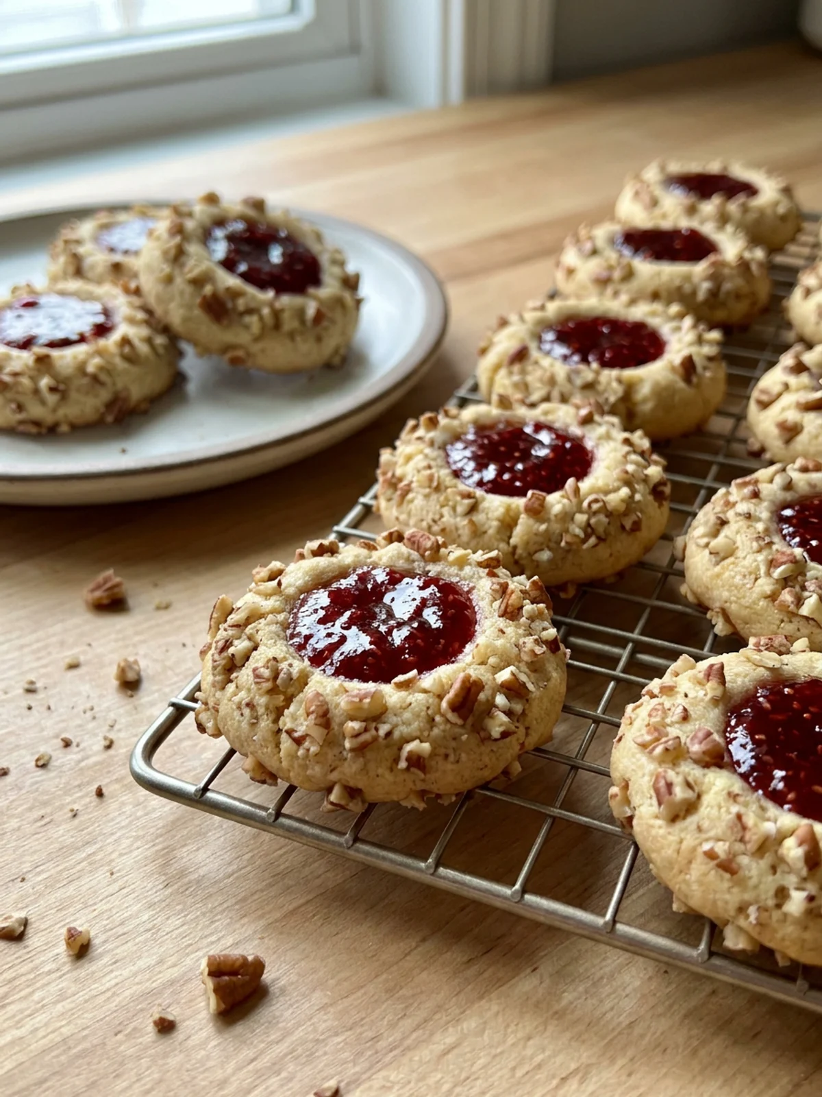 A close-up of a finished thumbprint cookie with a jam center on a white plate.