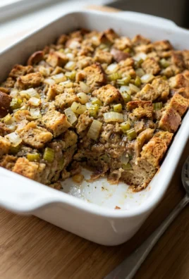 A scoop of classic holiday stuffing on a serving spoon held over the casserole dish.