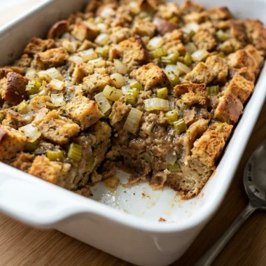 A scoop of classic holiday stuffing on a serving spoon held over the casserole dish.