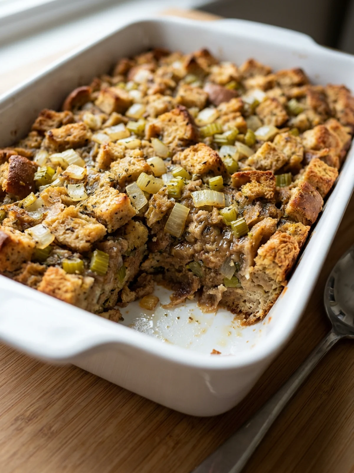 A scoop of classic holiday stuffing on a serving spoon held over the casserole dish.